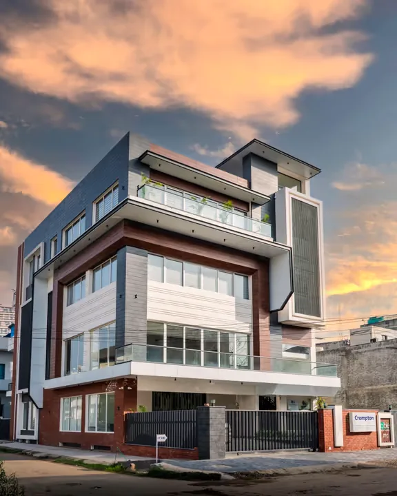 Realistic 3D elevation visualization of a residential building exterior.